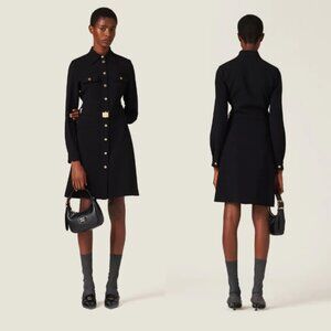 NWT Miu Miu Cady Shirt Dress Black Button Down Belted w/ Gold Tone Logo Buckle